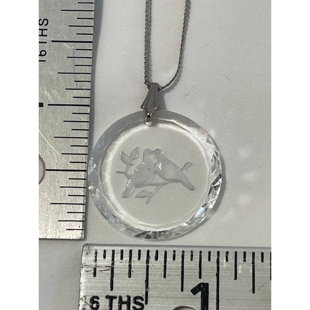 Frosted Glass Lovebirds Intaglio Pendant Necklace Silver Tone 18 Inch